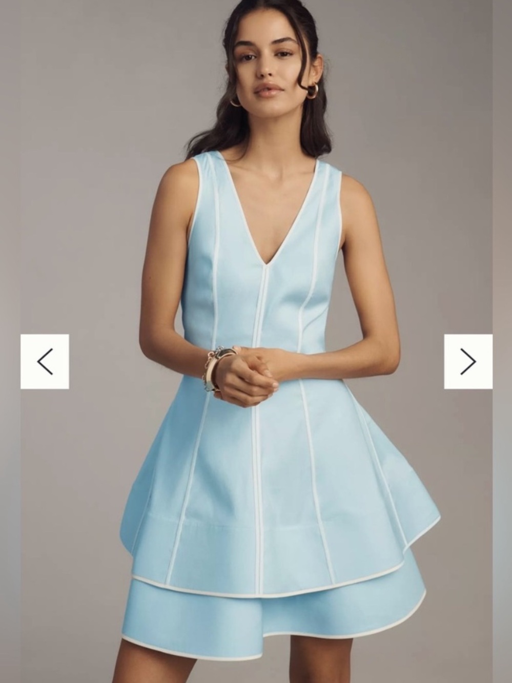 Maeve Linen Blend Blue V‑Neck Layered Hem Mini Dress - Picture 3 of 9